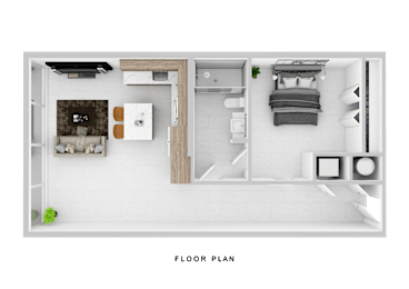 A floor plan of a small apartment with a kitchen, living room, and bedroom.