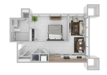 A white floor plan of a small apartment with a kitchen, living room, and bathroom.