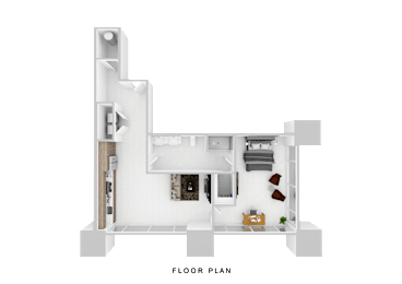 A white floor plan of a house with furniture and appliances.