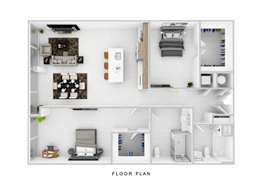 A floor plan of a small apartment with a living room, kitchen, and bedroom.