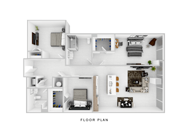 A floor plan of a small apartment with a kitchen, living room, and bedrooms.