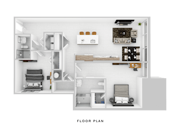 A floor plan of a small apartment with a kitchen, living room, and bedrooms.