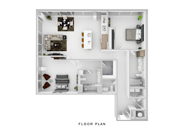 A floor plan of a small apartment with a kitchen, living room, and bedrooms.