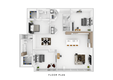A floor plan of a house with a kitchen, living room, and two bedrooms.