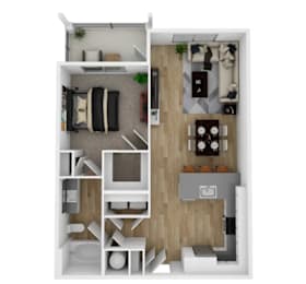 A top-down view of a small apartment with a living room, kitchen, and bathroom.