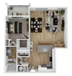 A top-down view of a small apartment with a living room, kitchen, and bedroom.