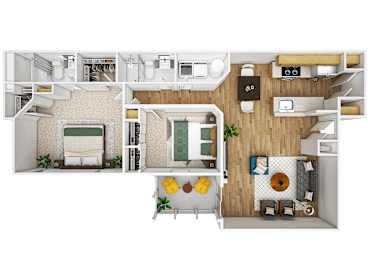 A top-down view of a house layout with a living room, kitchen, and bathroom.