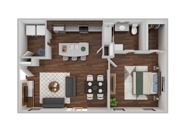 A top-down view of a small apartment with a kitchen, living room, and bathroom.