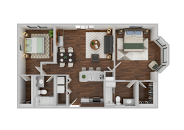 A top-down view of a room layout with furniture and decor.