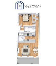 1 bed 1 bath Floorplan at Club Villas Apartments, Georgia, 31047