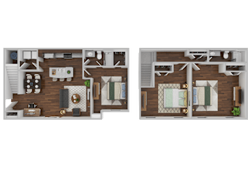 Two images of a room layout with a bed, desk, and kitchen area.