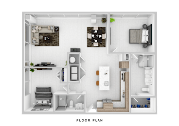 A floor plan of a small apartment with a living room, kitchen, and bedroom.