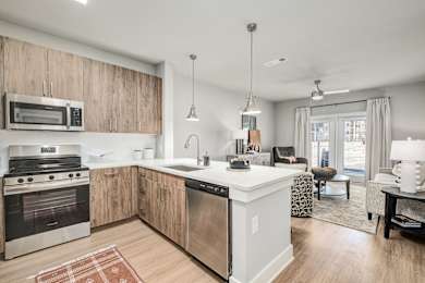 A modern kitchen with wooden cabinets and stainless steel appliances.at The Ashton at East Park Apartments, Kennesaw, 30144