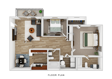 A floor plan of a small apartment with a kitchen, living room, and bedrooms.