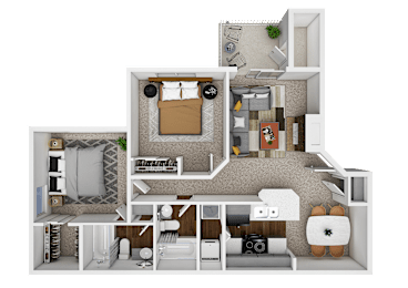 A 3D floor plan of a small apartment with a living room, kitchen, and two bedrooms.