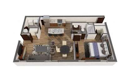 A 3D floor plan of a house with a kitchen, living room, and bedrooms.