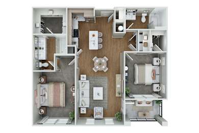 A 3D floor plan of a house with a kitchen, living room, and bathrooms.