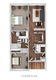 A floor plan of a two-bedroom apartment with a living room, kitchen, and bathroom.