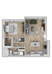 A top-down view of a modern apartment layout with a kitchen, living room, and bedroom.