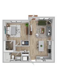 A top-down view of a modern apartment layout with a living room, kitchen, and bedrooms.