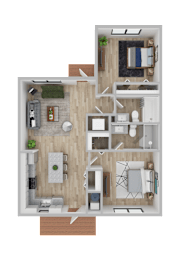 A top-down view of a small apartment with a kitchen, living room, and bathroom.