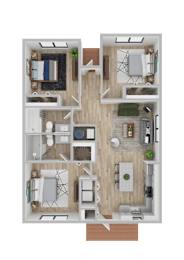 A top-down view of a house layout with multiple rooms and furniture.