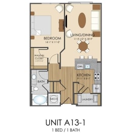 1 bed 1 bath A13 Floor Plan at Hidden Creek, Gaithersburg, MD
