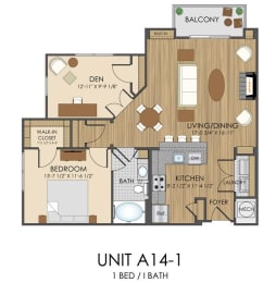 1 bed 1 bath A14 Floor Plan at Hidden Creek, Gaithersburg