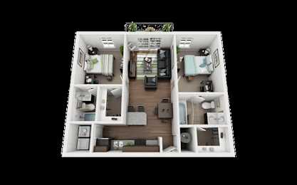 A detailed floor plan of a small apartment with a kitchen, living room, and two bedrooms.