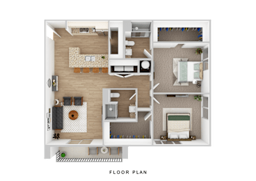 3D floor plan with two bedrooms and two bathrooms at The Palms Apartments, Charleston, South Carolina