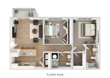Two bedroom floor plan with modern furnishings at The Palms Apartments, Charleston