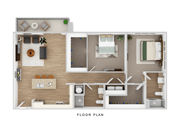 Two bedroom apartment floor plan 3D layout at The Palms Apartments, South Carolina