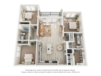 Three Bedroom Floor Plan at The Parker Leland, Leland, NC.