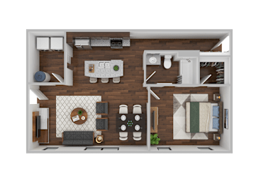 A top-down view of a small apartment layout with a kitchen, living room, and bathroom.