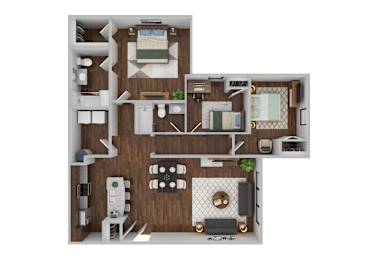 A detailed 3D floor plan of a small apartment layout.