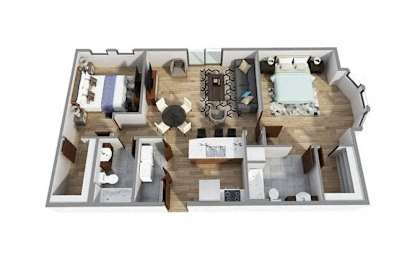 A 3D floor plan of a house with a kitchen, living room, and bedrooms.