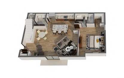 A top-down view of a house interior with a dining area, living room, and kitchen.