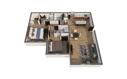A 3D floor plan of a house with a living room, dining room, kitchen, and two bedrooms.