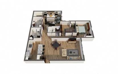 A top-down view of a house with a kitchen, living room, and dining area.