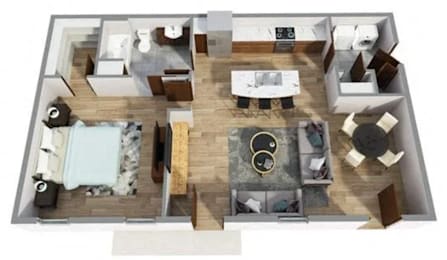 A 3D floor plan of a house with a kitchen, living room, dining room, and bedrooms.