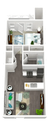 A floor plan of a two-bedroom apartment with a kitchen and living room.