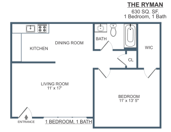1 Bedroom 1 Bath Floor Plan, 630 SF at Madison Flats, Madison, Tennessee.