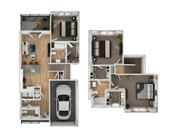 A set of four floor plans for a house with a garage.