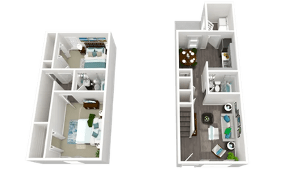 A white image of a small apartment with a bedroom and a living room.