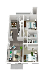 A 3D floor plan of a small apartment with a kitchen, living room, and bathroom.