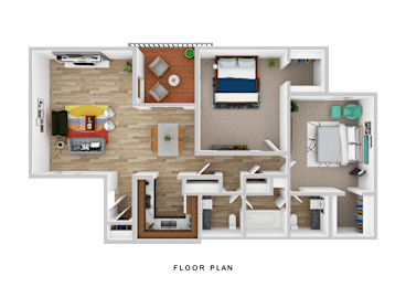 A floor plan of a house with a living room, kitchen, and two bedrooms.