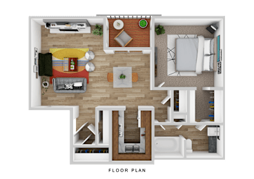 A floor plan of a house with a living room, kitchen, dining area, and bathroom.