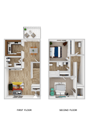 A diagram of a two-story house with labeled first and second floors.
