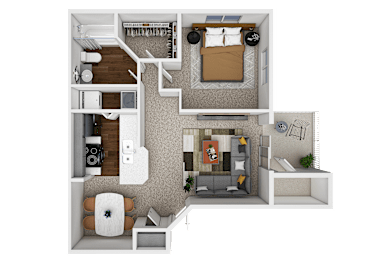 A 3D floor plan of a small apartment with a kitchen, living room, and bathroom.