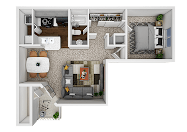 A top-down view of a small apartment layout with a kitchen, living room, and bedroom.